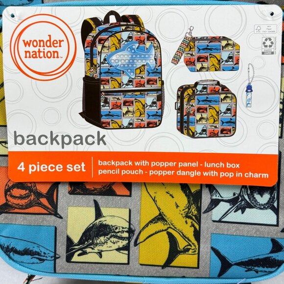 Wonder Nation Shark Backpack Kids Set 4 Piece 17' Water Resistant Padded laptop - Picture 5 of 9